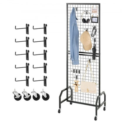 Väggpanel med rutnät, 600 x 1640 mm trådgallerpaneler, flyttbar konsthylla med hjul och 10 krokar, svart rutnät i kolstål för hantverksutställning, dekoration, förvaring, anslagstavla