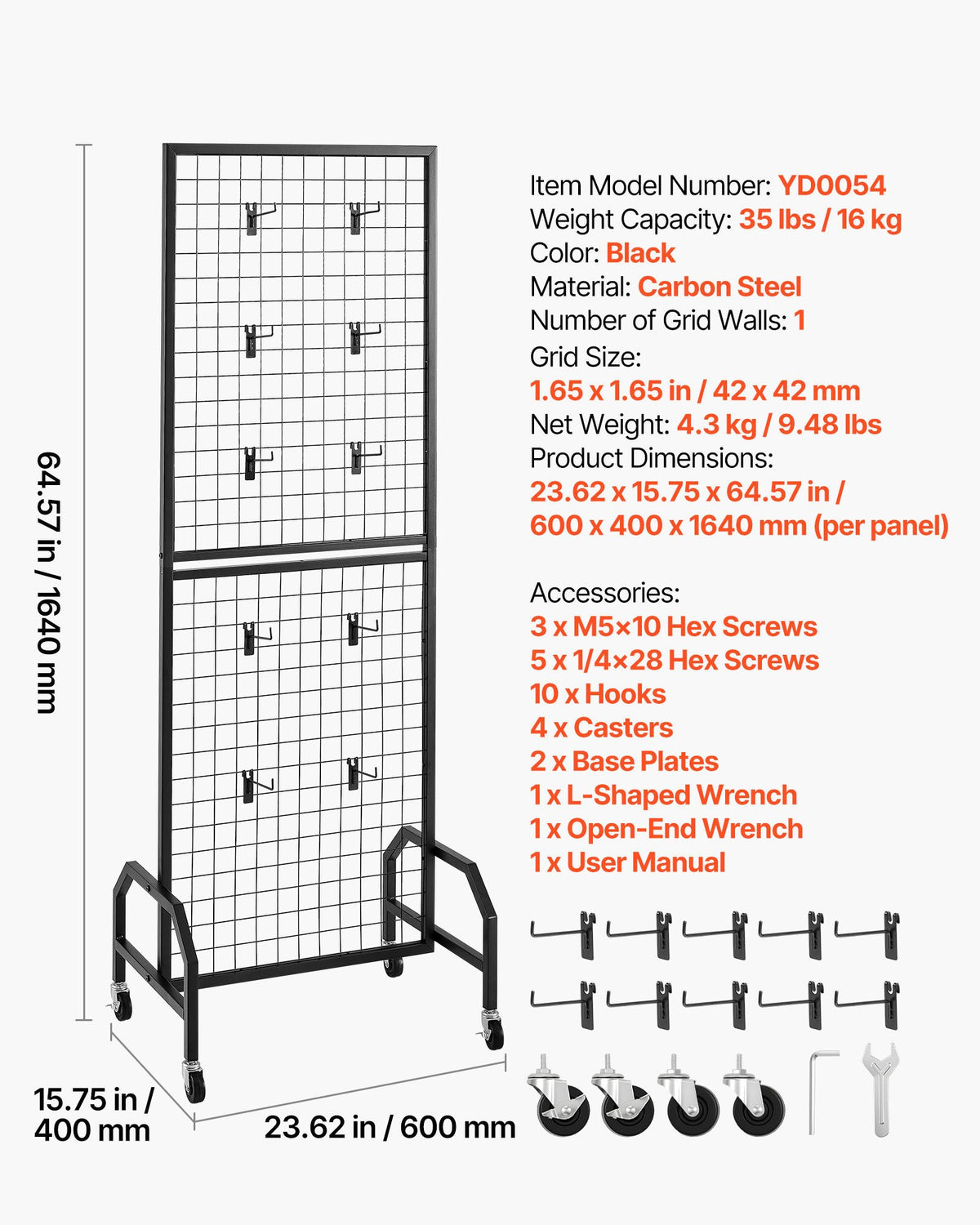 Väggpanel med rutnät, 600 x 1640 mm trådgallerpaneler, flyttbar konsthylla med hjul och 10 krokar, svart rutnät i kolstål för hantverksutställning, dekoration, förvaring, anslagstavla