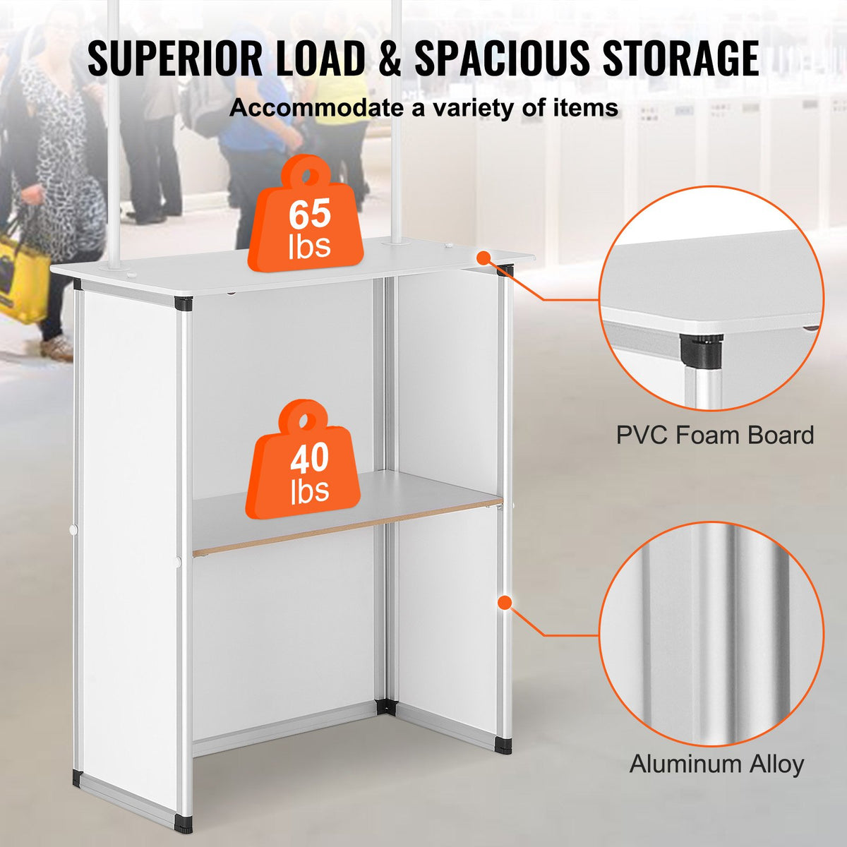 Portable Tradeshow Podium Table, 78,5 × 38 × 181,5 cm, Display Exhibition Counter Stand Booth Fair with Wall, Foldable Promotion Retail Bar Table Pop Up Podium with Storage Rack/Carrying Bag