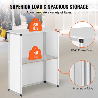 Portable Tradeshow Podium Table, 78,5 × 38 × 181,5 cm, Display Exhibition Counter Stand Booth Fair with Wall, Foldable Promotion Retail Bar Table Pop Up Podium with Storage Rack/Carrying Bag