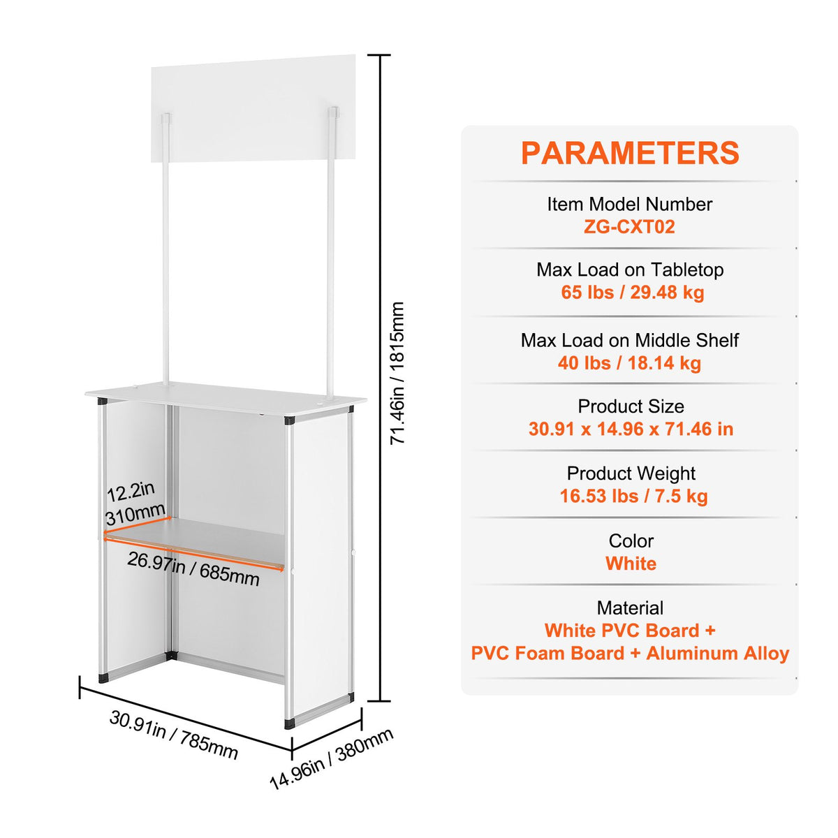 Portable Tradeshow Podium Table, 78,5 × 38 × 181,5 cm, Display Exhibition Counter Stand Booth Fair with Wall, Foldable Promotion Retail Bar Table Pop Up Podium with Storage Rack/Carrying Bag