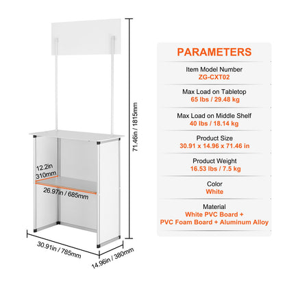 Portable Tradeshow Podium Table, 78,5 × 38 × 181,5 cm, Display Exhibition Counter Stand Booth Fair with Wall, Foldable Promotion Retail Bar Table Pop Up Podium with Storage Rack/Carrying Bag