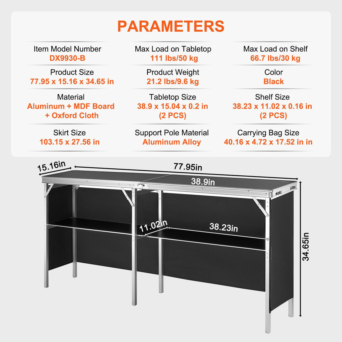 Portable Tradeshow Podium Table, 1980 x 385 x 880 mm, Display Exhibition Counter Stand Booth Fair with Wall, Foldable Promotion Retail Bar Table Podium with Storage Rack and Carrying Bag