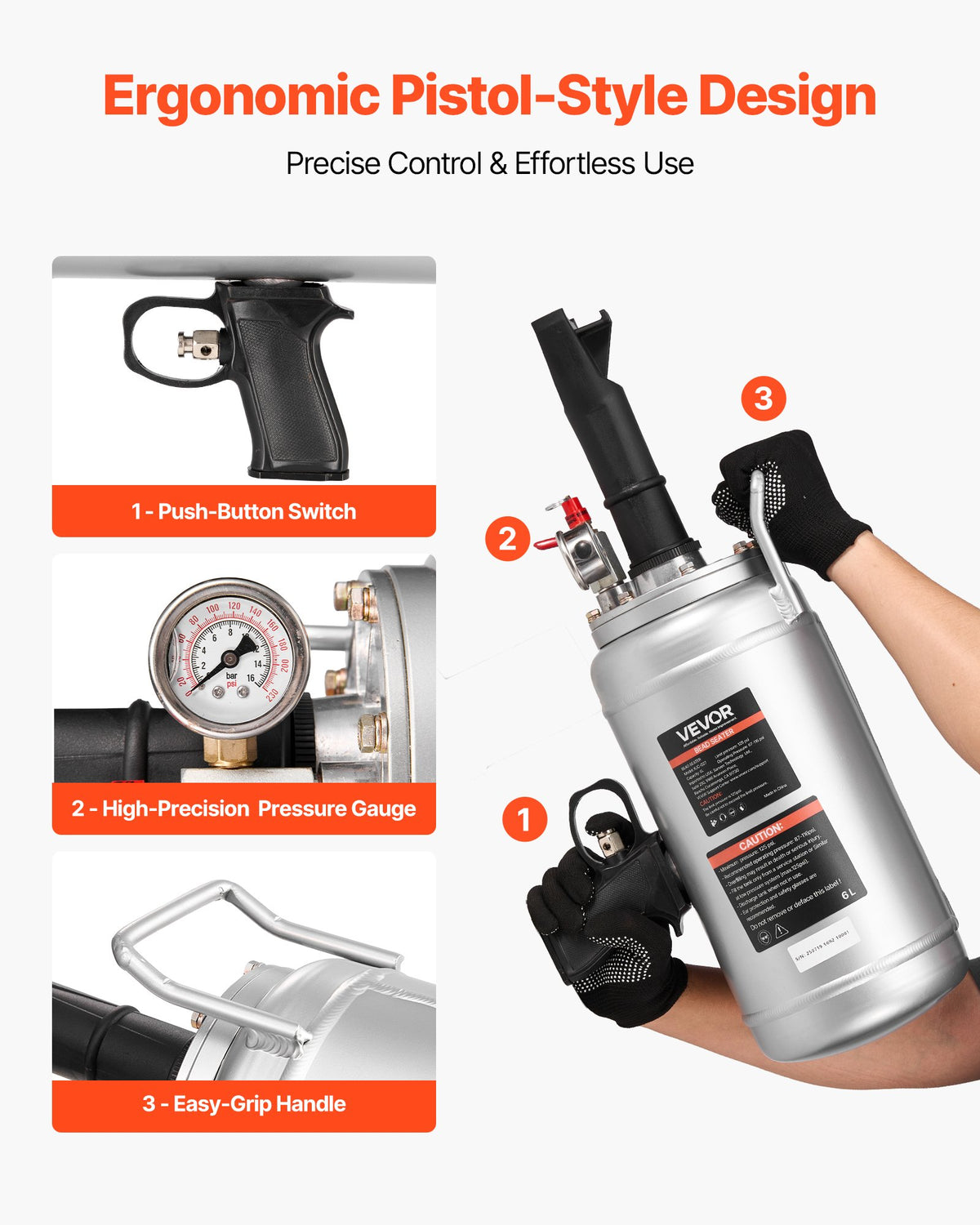 Portable Tire Bead Seater, 1.6 Gal / 6 L Air Bead Blaster, Handheld Tire Inflator Tool, 87-116 PSI Operating Pressure, Trigger Seating Inflator for Car, Compact SUV, Light Truck, E-Bike, RV, ATV