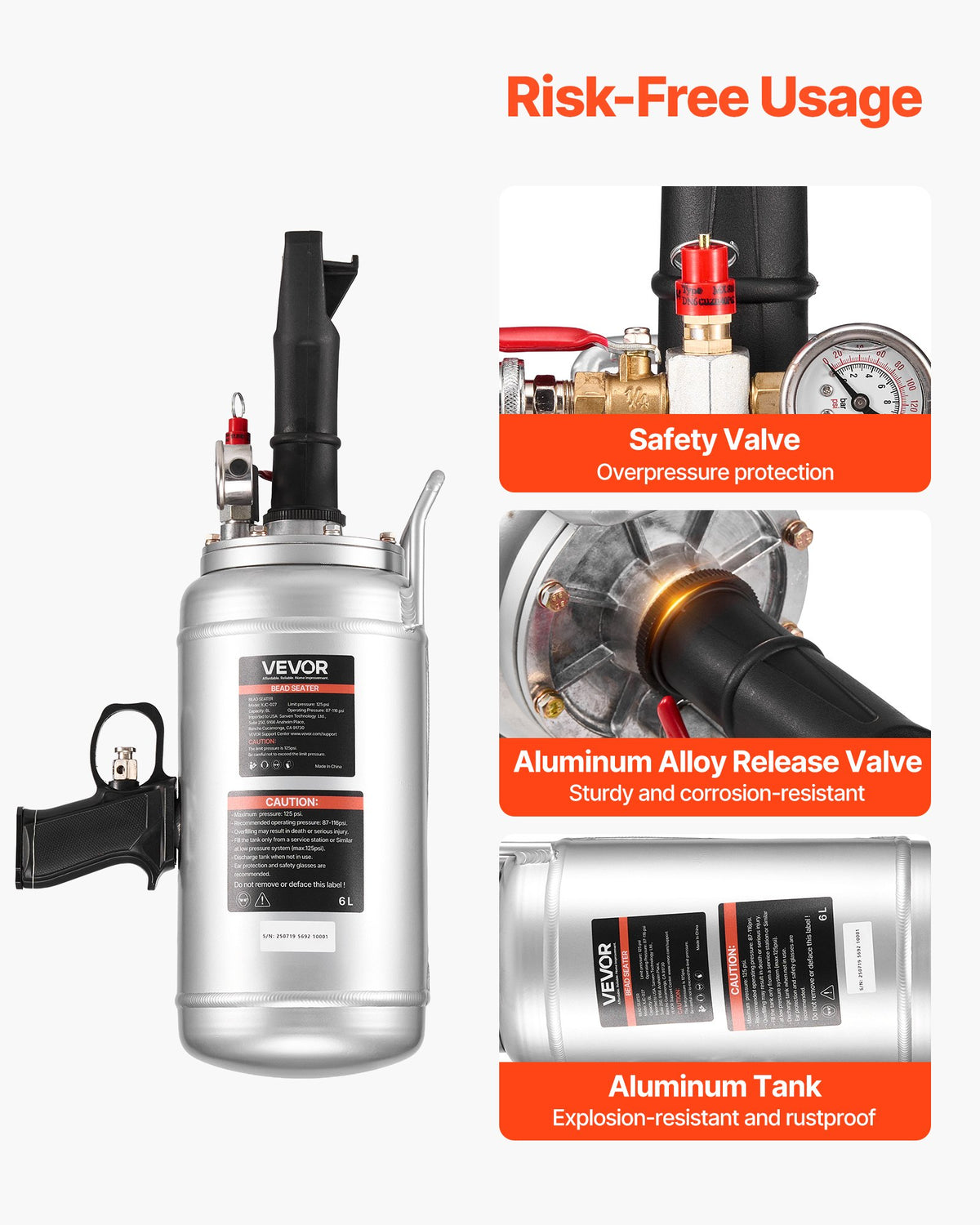 Portable Tire Bead Seater, 1.6 Gal / 6 L Air Bead Blaster, Handheld Tire Inflator Tool, 87-116 PSI Operating Pressure, Trigger Seating Inflator for Car, Compact SUV, Light Truck, E-Bike, RV, ATV