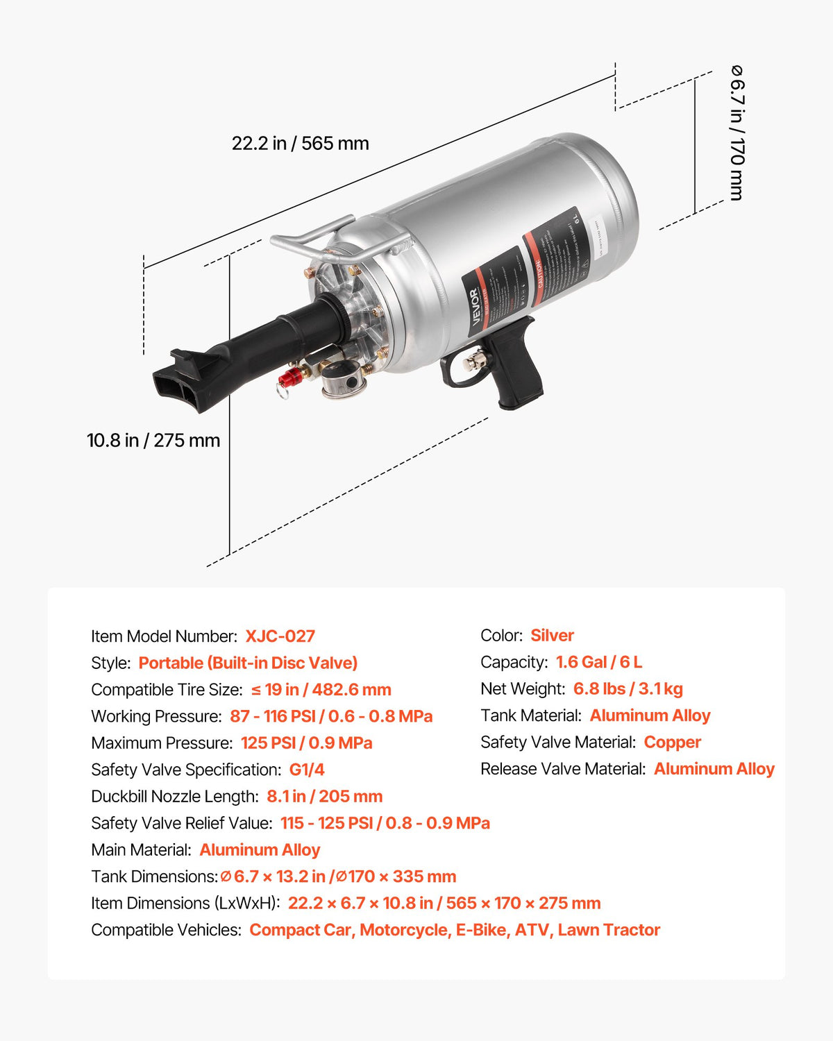 Portable Tire Bead Seater, 1.6 Gal / 6 L Air Bead Blaster, Handheld Tire Inflator Tool, 87-116 PSI Operating Pressure, Trigger Seating Inflator for Car, Compact SUV, Light Truck, E-Bike, RV, ATV