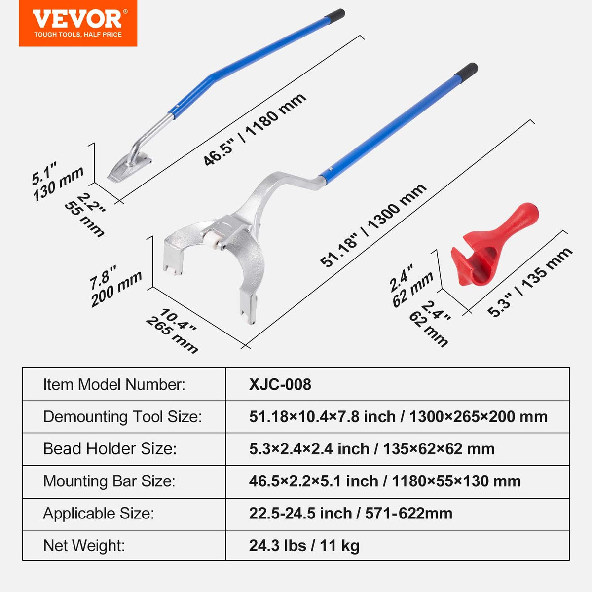Däckmonteringsverktyg, 571-622 mm manuellt ståldäckbytesverktyg för demontering, med extra däckplåtshållare, däckplåtsbrytare för slanglös lastbil, 3 st däckbytesverktyg, orange