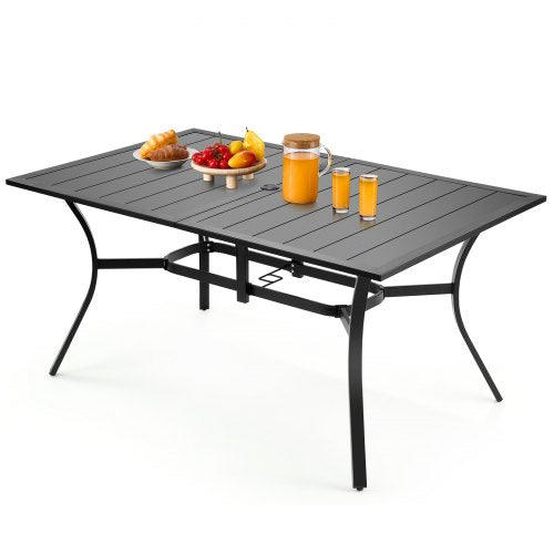 Outdoor Patio Dining Table, 150cm Long Rectangular Metal Steel Slat Backyard Bistro Tables for 4-6, with 38mm Umbrella Hole, All-Weather Large Furniture for Lawn Garden Porch, Black