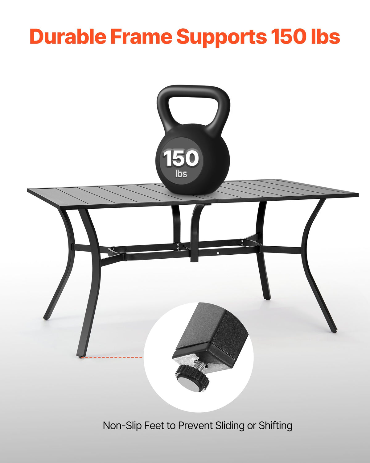 Outdoor Patio Dining Table, 150cm Long Rectangular Metal Steel Slat Backyard Bistro Tables for 4-6, with 38mm Umbrella Hole, All-Weather Large Furniture for Lawn Garden Porch, Black