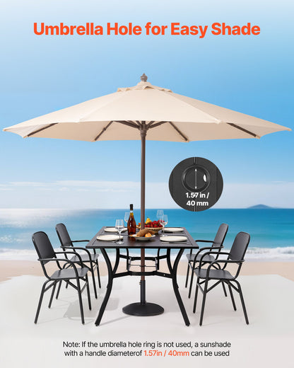 Outdoor Patio Dining Table, 150cm Long Rectangular Metal Steel Slat Backyard Bistro Tables for 4-6, with 38mm Umbrella Hole, All-Weather Large Furniture for Lawn Garden Porch, Black