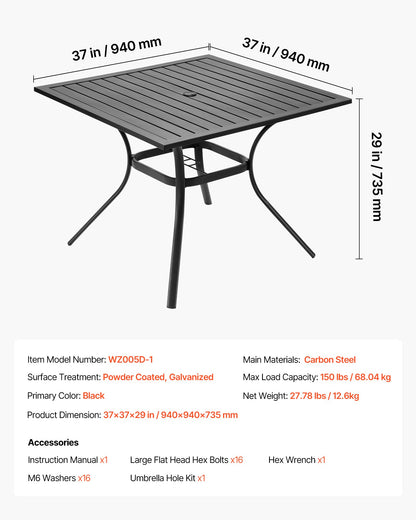 Matbord för utomhusbruk, 94 cm fyrkantiga bistrobord i metall och stål, med 38 mm paraplyhål, stora utomhusmöbler i alla väder för gräsmatta/veranda, svart