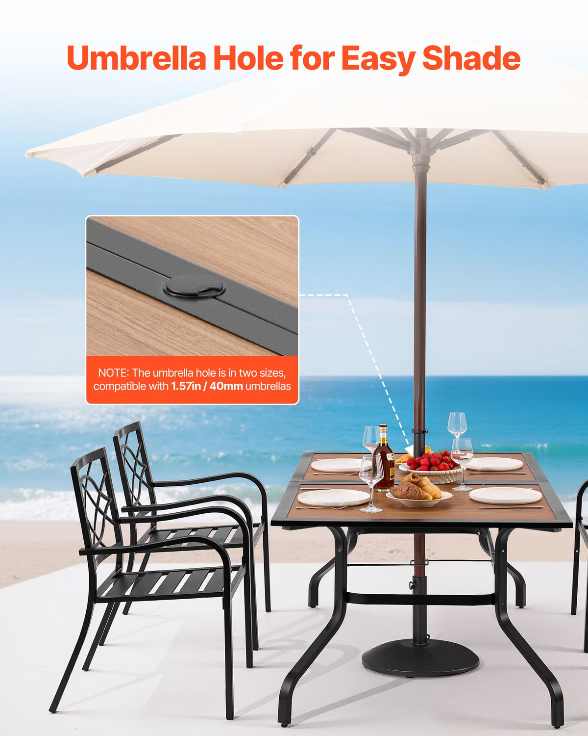 Matbord för utomhusbruk, 150 cm långt rektangulärt bistrobord i träliknande stål för 4-6 personer, med 38 mm paraplyhål, stora vädertåliga möbler för gräsmatta/veranda, brunt