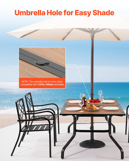 Matbord för utomhusbruk, 150 cm långt rektangulärt bistrobord i träliknande stål för 4-6 personer, med 38 mm paraplyhål, stora vädertåliga möbler för gräsmatta/veranda, brunt