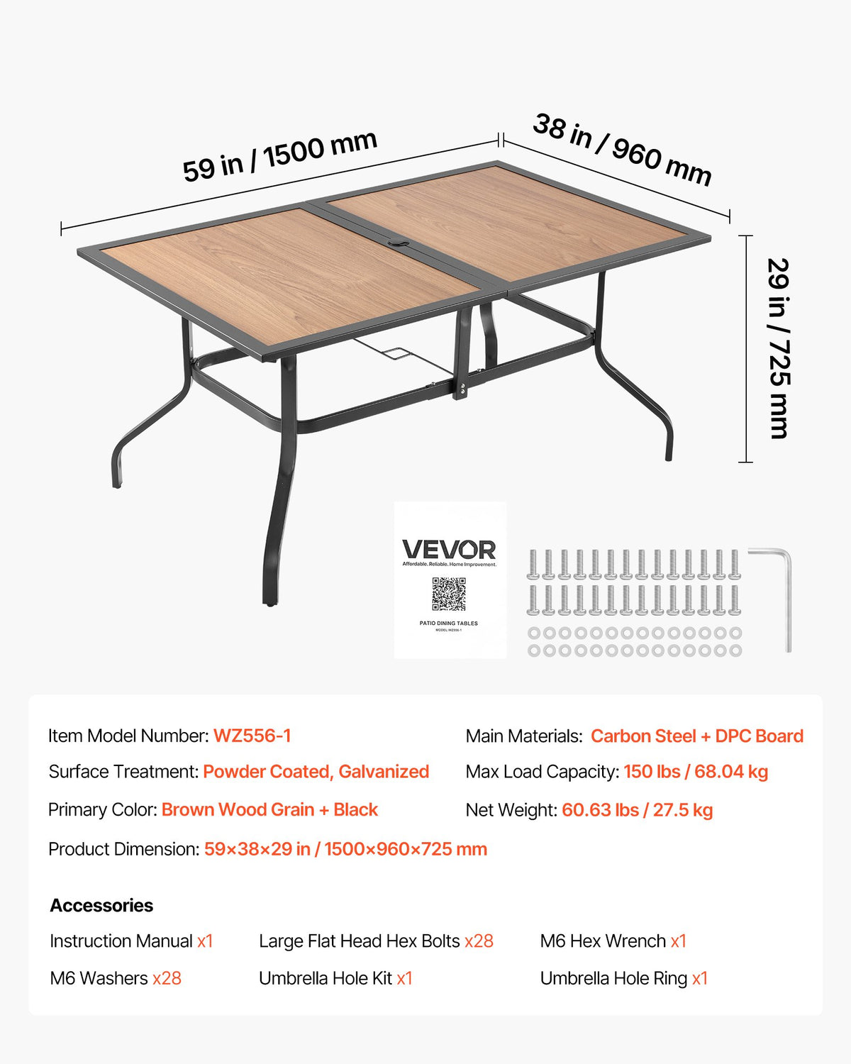 Matbord för utomhusbruk, 150 cm långt rektangulärt bistrobord i träliknande stål för 4-6 personer, med 38 mm paraplyhål, stora vädertåliga möbler för gräsmatta/veranda, brunt