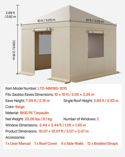 Winter Gazebo Cover Fits 3.05 x 3.05 m Hardtop Gazebos, All-Weather Gazebo Cover with Sidewalls & Windows, High-Density PE Material, Enclosed Storage Shelter Covers, Gazebos not Included