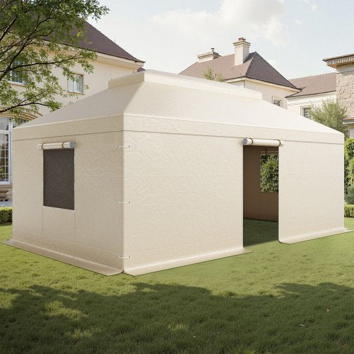 Vinterpaviljongöverdrag passar 3,66 x 6,10 m paviljonger med hård tak, allväderspaviljongöverdrag i dubbla nivåer med sidoväggar och nätfönster, högdensitets PE-förvaringsskydd, paviljonger ingår ej