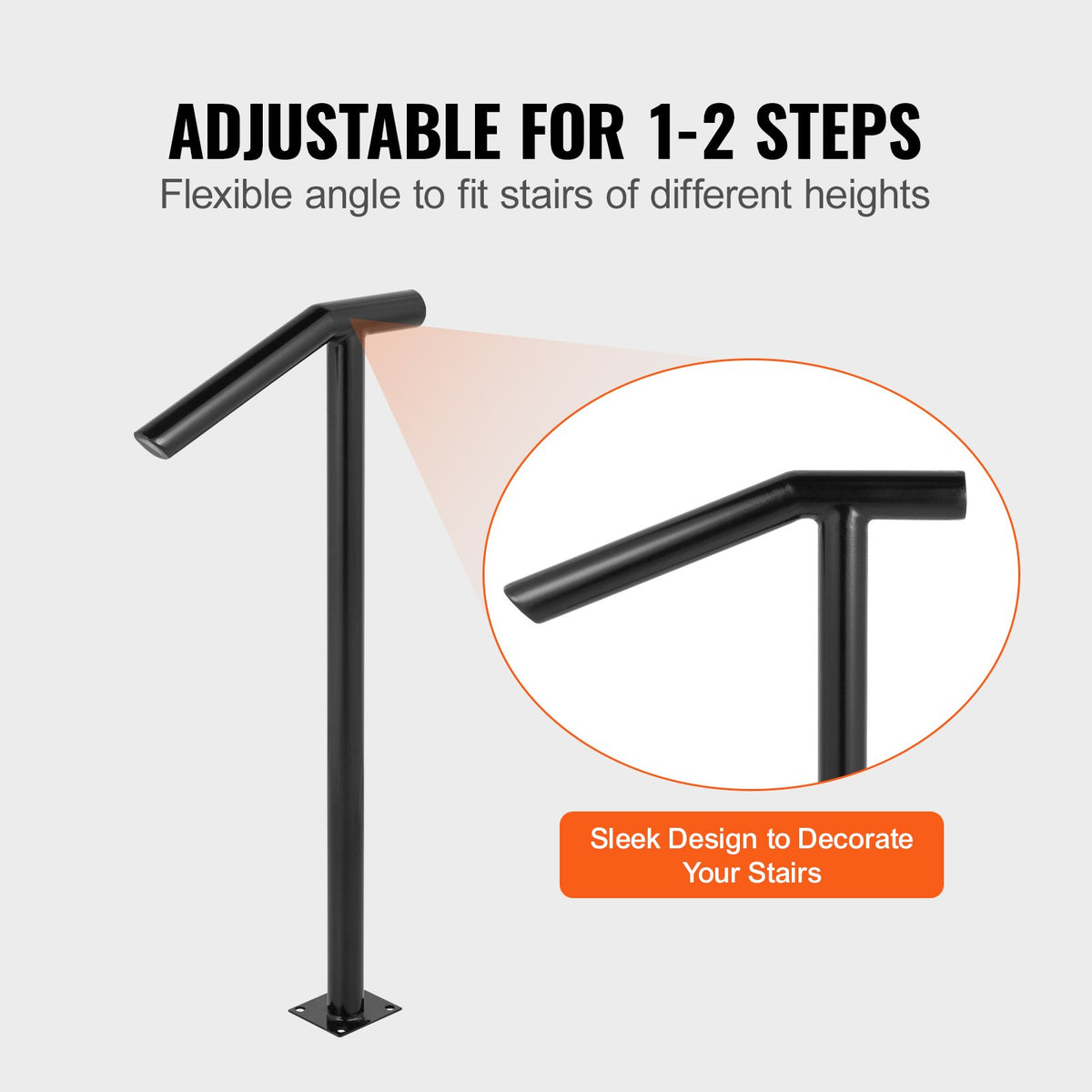 Round Type Metal Handrail Step Handrail 2 Steps Handrails for Outdoor Steps Handrails 18L x 38H Inch Steps Stair Railing for Steps with One Bolt Down Post