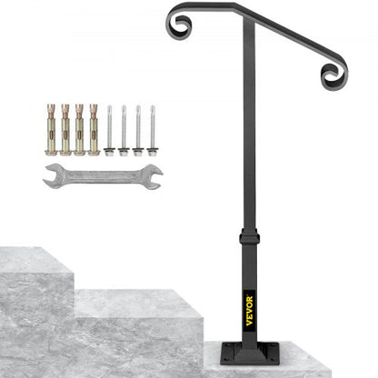 Dark Gray Single Post Handrail Fits 1 or 2 Steps Handrail Wrought Iron Single Post Wrought Iron Rail Single Post Railing Ornamental Top Hand Rail Stairs with Hardware for Outdoors Steps
