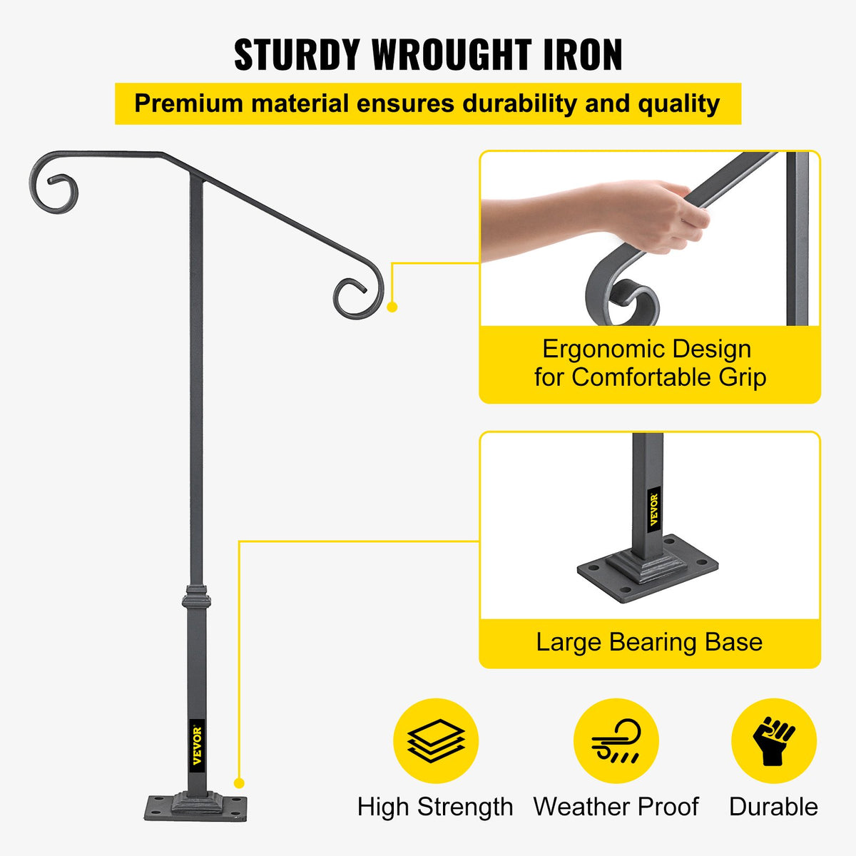 Dark Gray Single Post Handrail Fits 1 or 2 Steps Handrail Wrought Iron Single Post Wrought Iron Rail Single Post Railing Ornamental Top Hand Rail Stairs with Hardware for Outdoors Steps