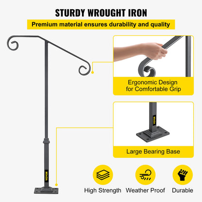 Dark Gray Single Post Handrail Fits 1 or 2 Steps Handrail Wrought Iron Single Post Wrought Iron Rail Single Post Railing Ornamental Top Hand Rail Stairs with Hardware for Outdoors Steps