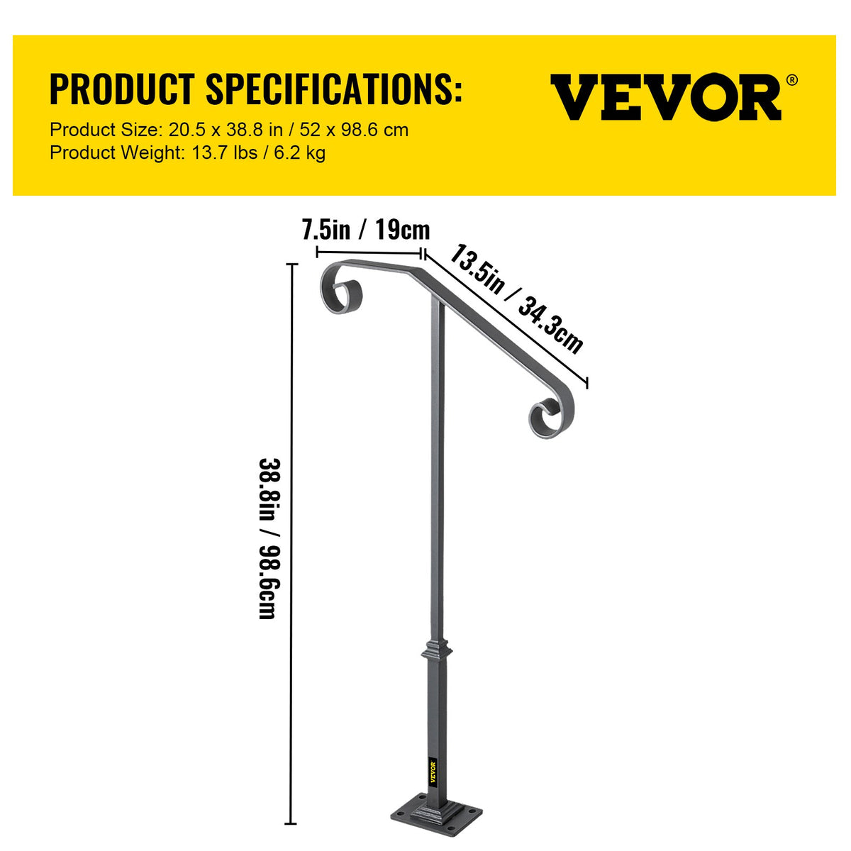 Dark Gray Single Post Handrail Fits 1 or 2 Steps Handrail Wrought Iron Single Post Wrought Iron Rail Single Post Railing Ornamental Top Hand Rail Stairs with Hardware for Outdoors Steps
