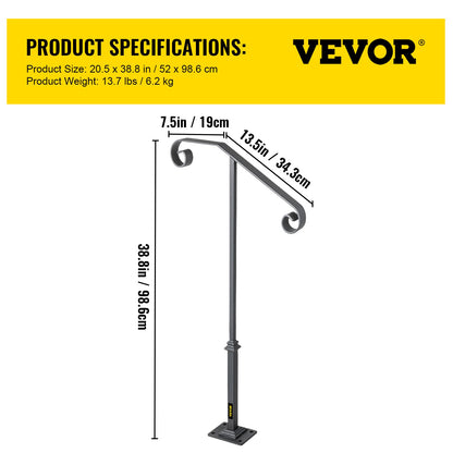 Dark Gray Single Post Handrail Fits 1 or 2 Steps Handrail Wrought Iron Single Post Wrought Iron Rail Single Post Railing Ornamental Top Hand Rail Stairs with Hardware for Outdoors Steps