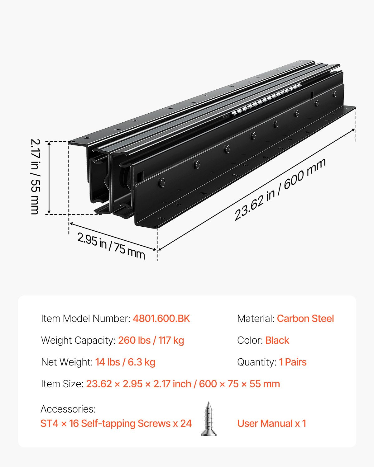 Undermount Drawer Slides, 24 inch, Full Extension Ball Bearing Under Stair Cabinet Rails, 260 LB Load Capacity Heavy Duty Bottom Stair Cabinet Glides Track Runners,for DIY Replacement, Black