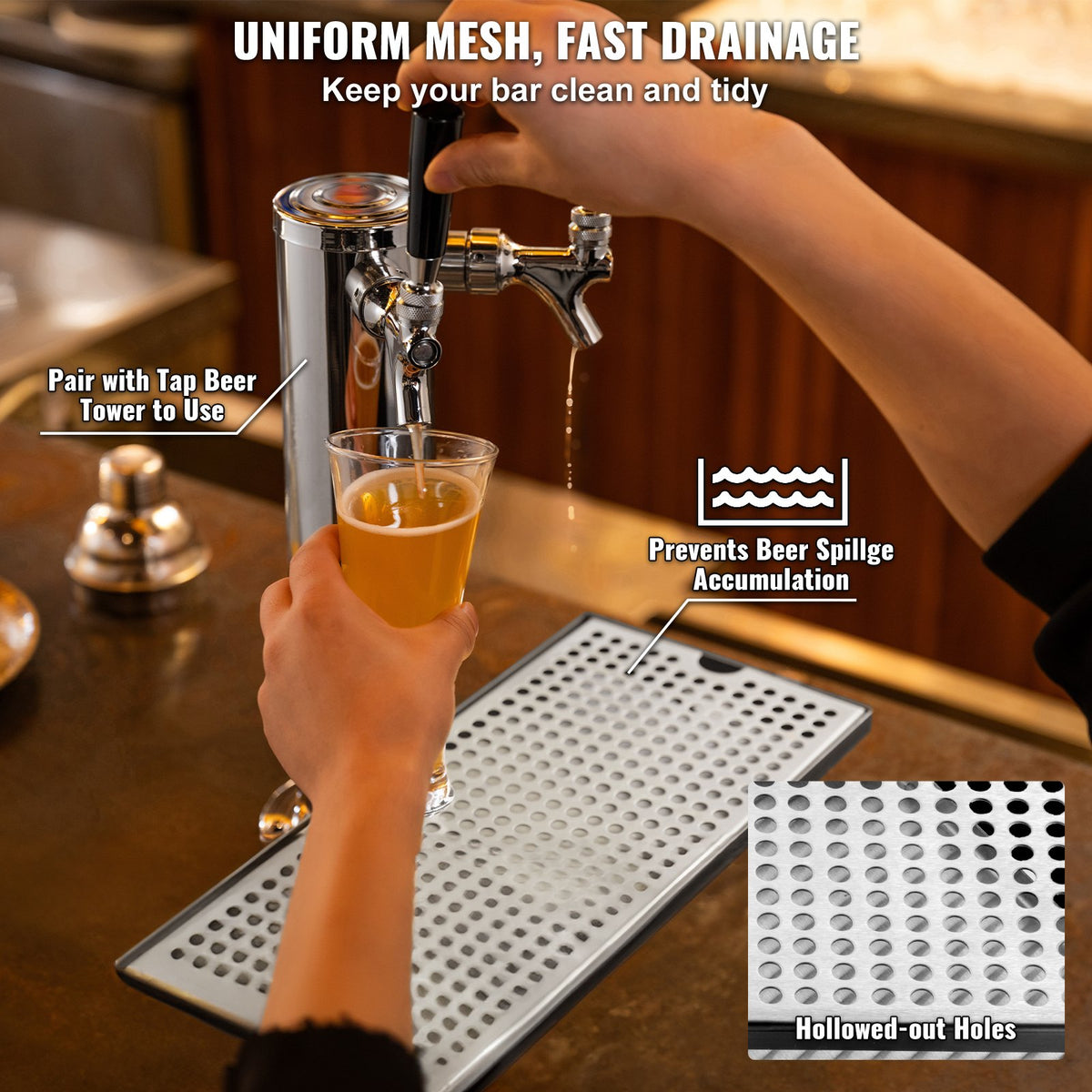 Öldroppbricka, 304 rostfritt stål Kegerator droppbrickor med 4 halkfria gummikuddar och avtagbart lock, värme-/kylbeständig öltorn dropppanna för bar restaurang kafé hem