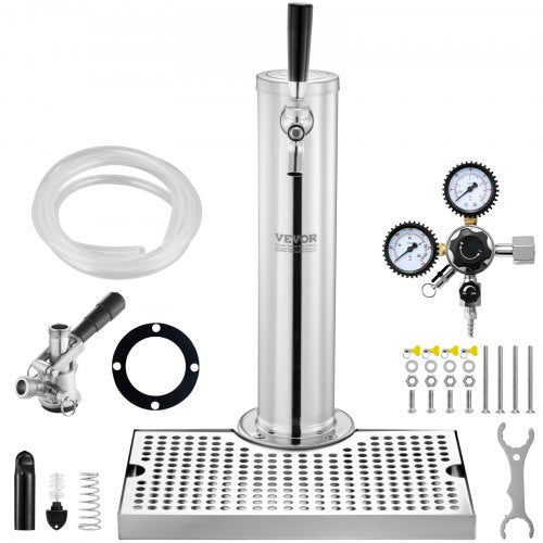 Kegerator Tower Kit, konverteringskit för öl med en tapp, öltornsdispenser i rostfritt stål med dubbel mätare, W21.8-regulator och S-System-fatkoppling, droppbricka för öl för fester och hem.