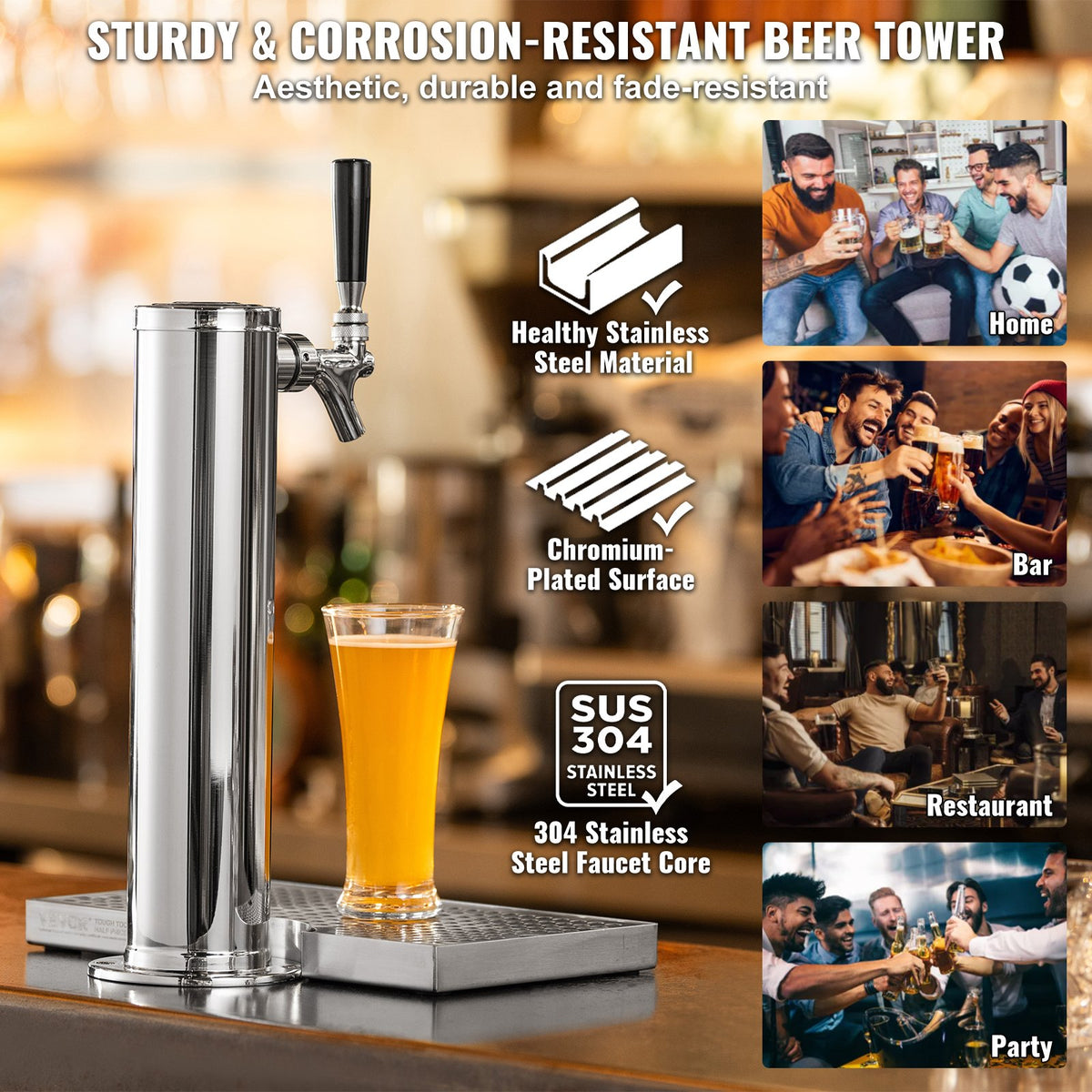 Kegerator Tower Kit, konverteringskit för öl med en tapp, öltornsdispenser i rostfritt stål med dubbel mätare, W21.8-regulator och S-System-fatkoppling, droppbricka för öl för fester och hem.