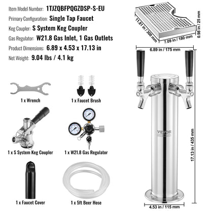 Kegerator Tower Kit, konverteringskit för öl med en tapp, öltornsdispenser i rostfritt stål med dubbel mätare, W21.8-regulator och S-System-fatkoppling, droppbricka för öl för fester och hem.