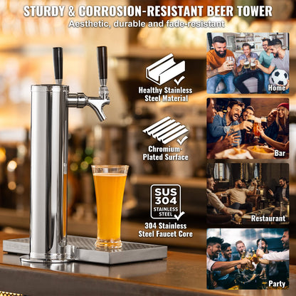 Kegerator Tower Kit, ölkonverteringskit med dubbla kranar, öltornsdispenser i rostfritt stål med dubbel mätare, W21.8-regulator och S-System-fatkoppling, droppbricka för öl för fester och hem.