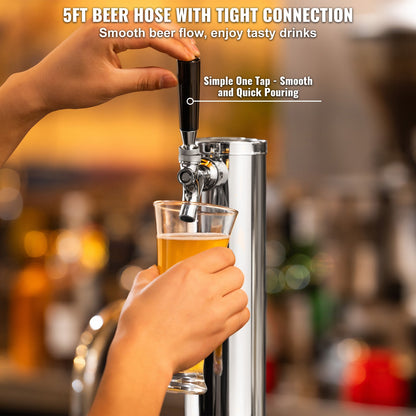 Kegerator Tower Kit, konverteringskit för öl med en tapp, öltornsdispenser i rostfritt stål med dubbel mätare, W21.8-regulator och S-System-fatkoppling för fester och hem