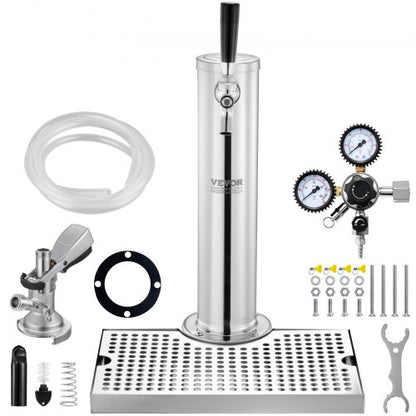Kegerator Tower Kit, konverteringskit för öl med en tapp, öltornsdispenser i rostfritt stål med dubbel mätare, W21.8-regulator och A-System-fatkoppling, droppbricka för öl för fester och hem.