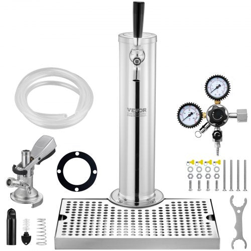 Kegerator Tower Kit, konverteringskit för öl med en tapp, öltornsdispenser i rostfritt stål med dubbel mätare, W21.8-regulator och A-System-fatkoppling, droppbricka för öl för fester och hem.