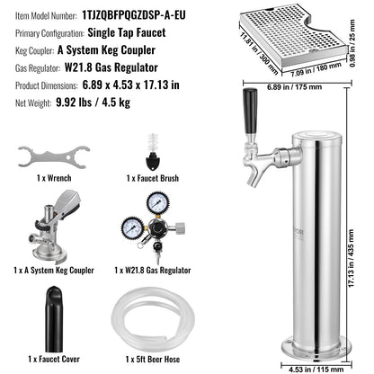 Kegerator Tower Kit, konverteringskit för öl med en tapp, öltornsdispenser i rostfritt stål med dubbel mätare, W21.8-regulator och A-System-fatkoppling, droppbricka för öl för fester och hem.