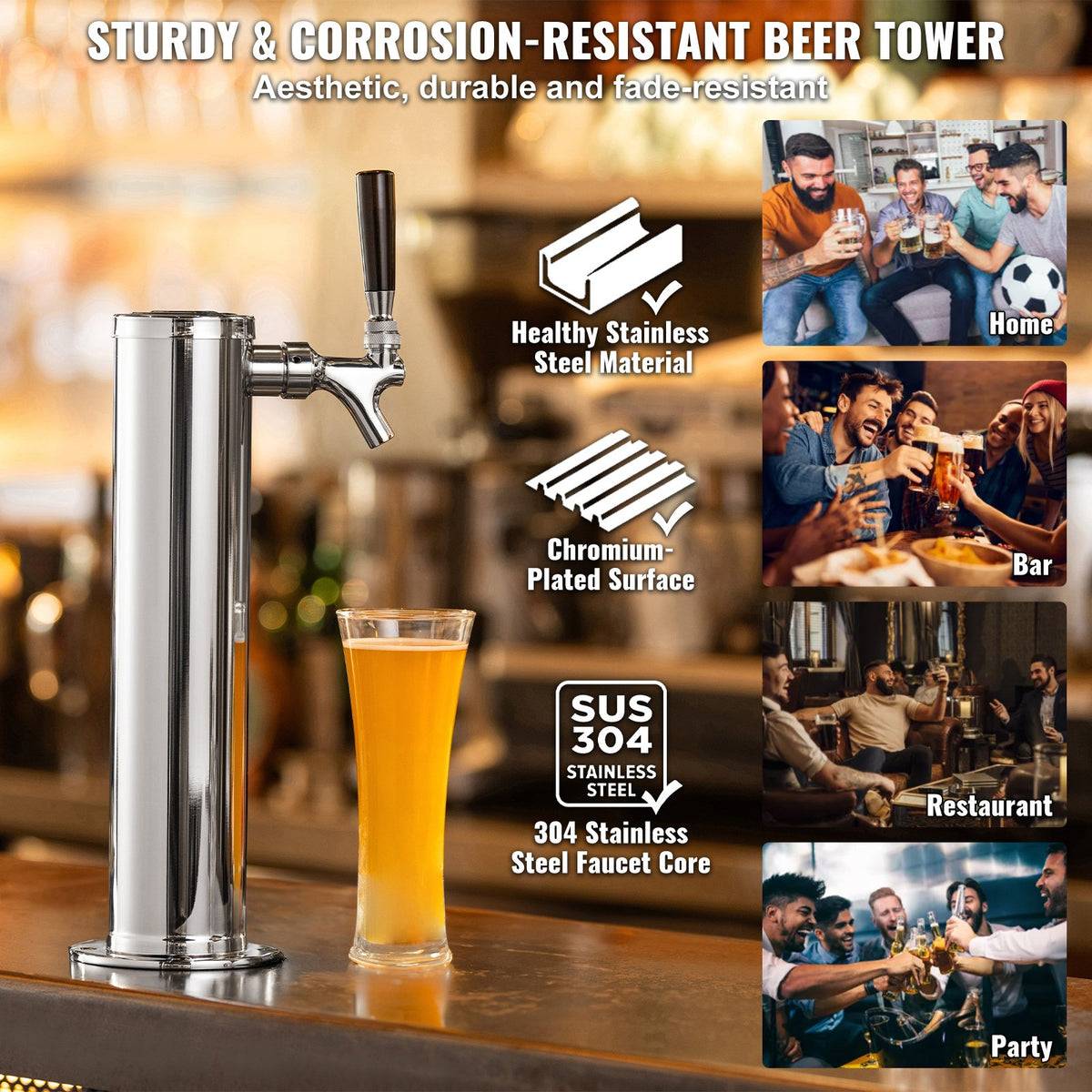 Kegerator Tower Kit, konverteringskit för öl med en tapp, öltornsdispenser i rostfritt stål med dubbel mätare, W21.8-regulator och A-System-fatkoppling, droppbricka för öl för fester och hem.