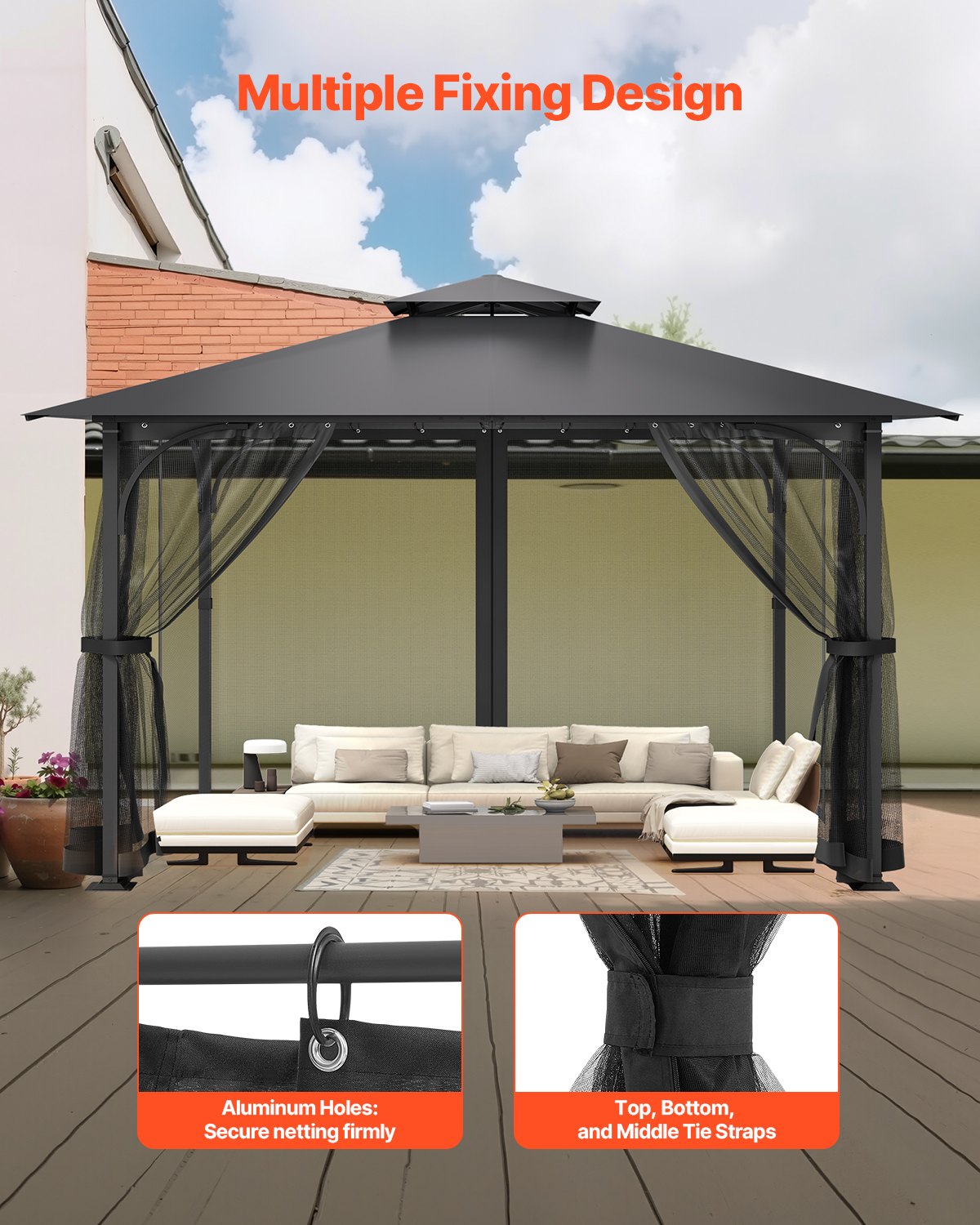 Nät för paviljonger, passar de flesta 10 x 10 x 6,5 fot paviljonggardiner, trädgårdsnät med 4 paneler på sidoväggarna, myggnät för uteplats med dubbel dragkedja, skärm för tak (endast nät)