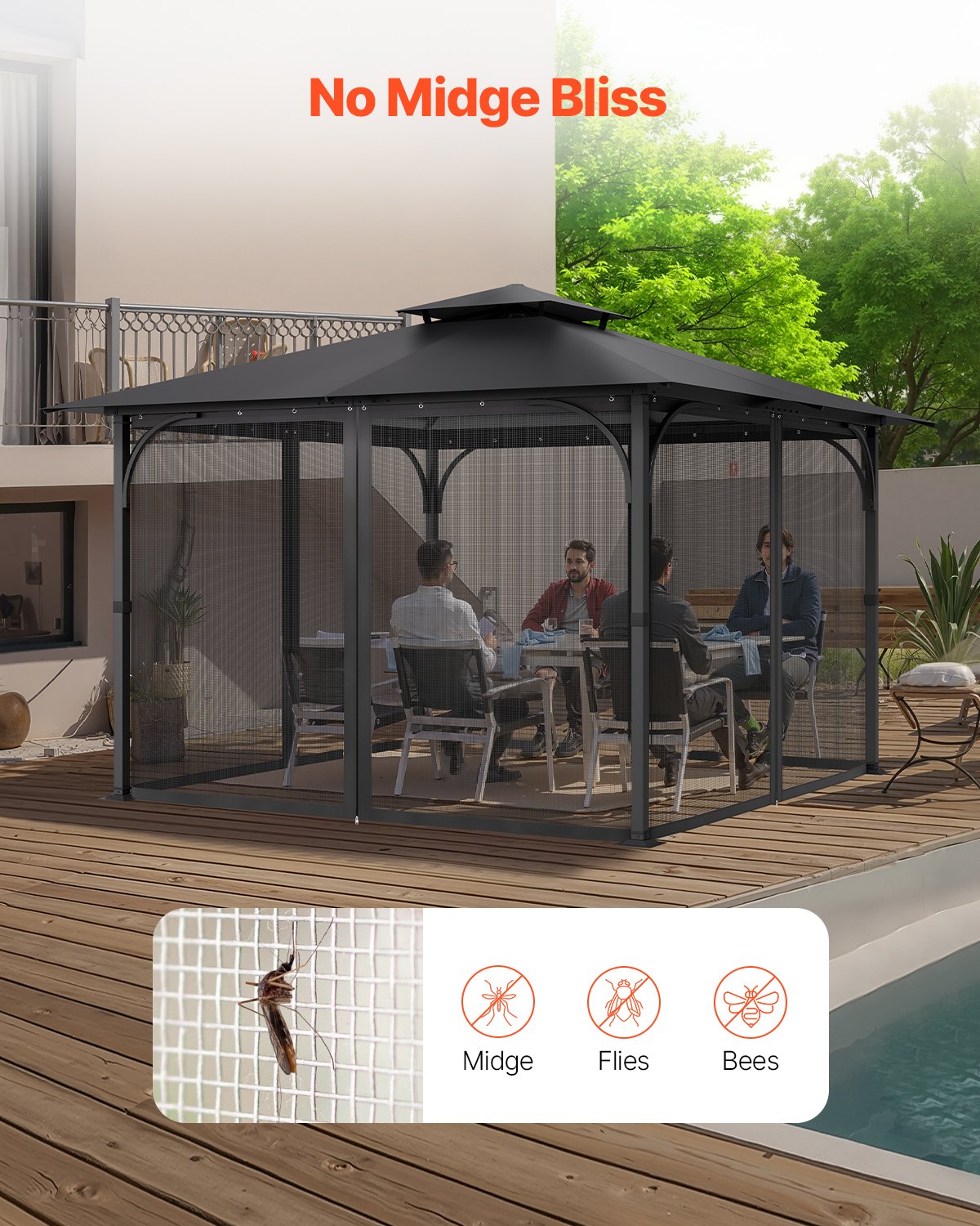 Nät för paviljonger, passar de flesta 10 x 10 x 6,5 fot paviljonggardiner, trädgårdsnät med 4 paneler på sidoväggarna, myggnät för uteplats med dubbel dragkedja, skärm för tak (endast nät)