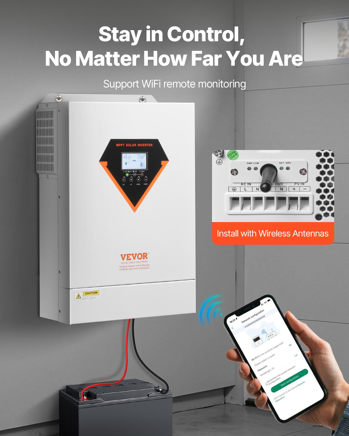 Hybrid solväxelriktare, 6000W, allt-i-ett ren sinusvågsväxelriktarladdare, 48V DC till 220/230V AC, med inbyggd WIFI 120A MPPT solcellsregulator, för off-grid system med blysyralitiumbatteri