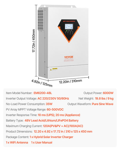 Hybrid solväxelriktare, 6000W, allt-i-ett ren sinusvågsväxelriktarladdare, 48V DC till 220/230V AC, med inbyggd WIFI 120A MPPT solcellsregulator, för off-grid system med blysyralitiumbatteri