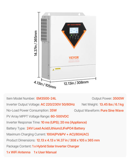 Hybrid solväxelriktare, 3500W, allt-i-ett ren sinusvågsväxelriktare, 24V DC till 220/230V AC, med inbyggd WIFI 100A MPPT solcellsregulator, för off-grid system med blysyralitiumbatteri