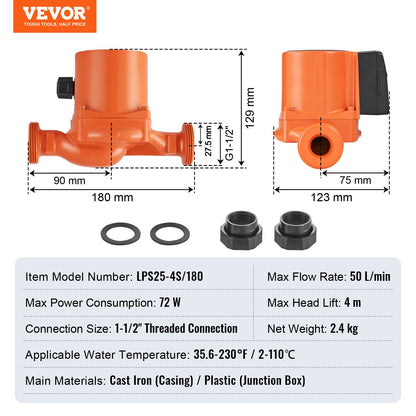 LPS25-4S-180 Varmvattencirkulationspump, 220V, 72W 50LPM Varmvattencirkulationspump, 38 mm (1,5") gängad NPT 3-växlad cirkulationspump, tystgående cirkulationspump för varmvattenberedare i hemmet