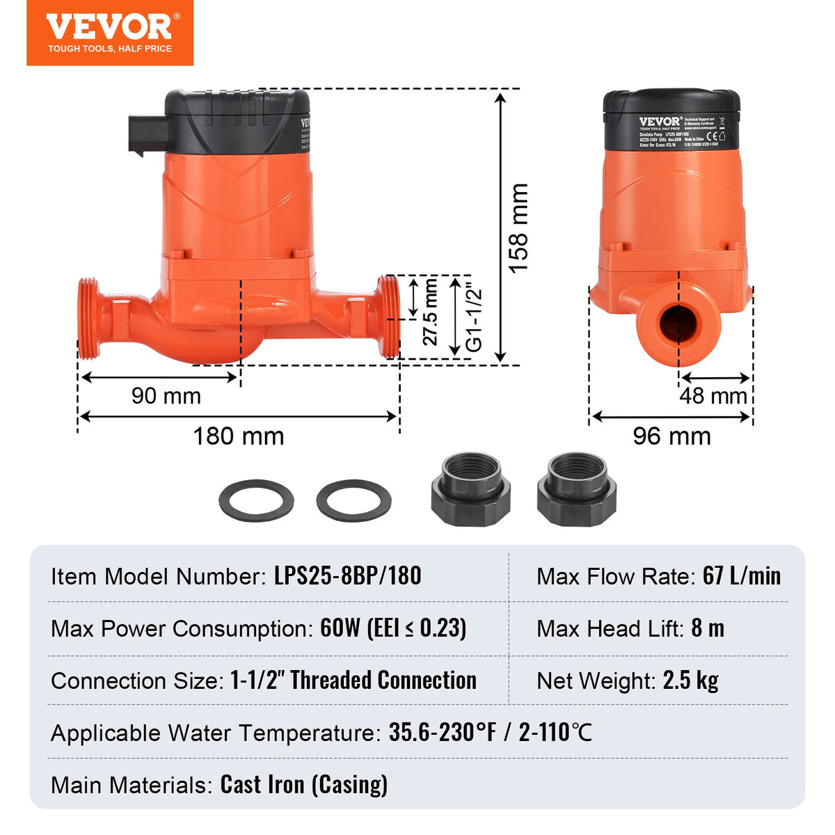 LPS25-8BP-180 Varmvattencirkulationspump, 220V, 60W 67 L/min Högeffektiv cirkulationspump, EMC Automatisk vattencirkulationspump 38 mm (1,5") Gängad NPT-cirkulationspump för varmvattenberedare
