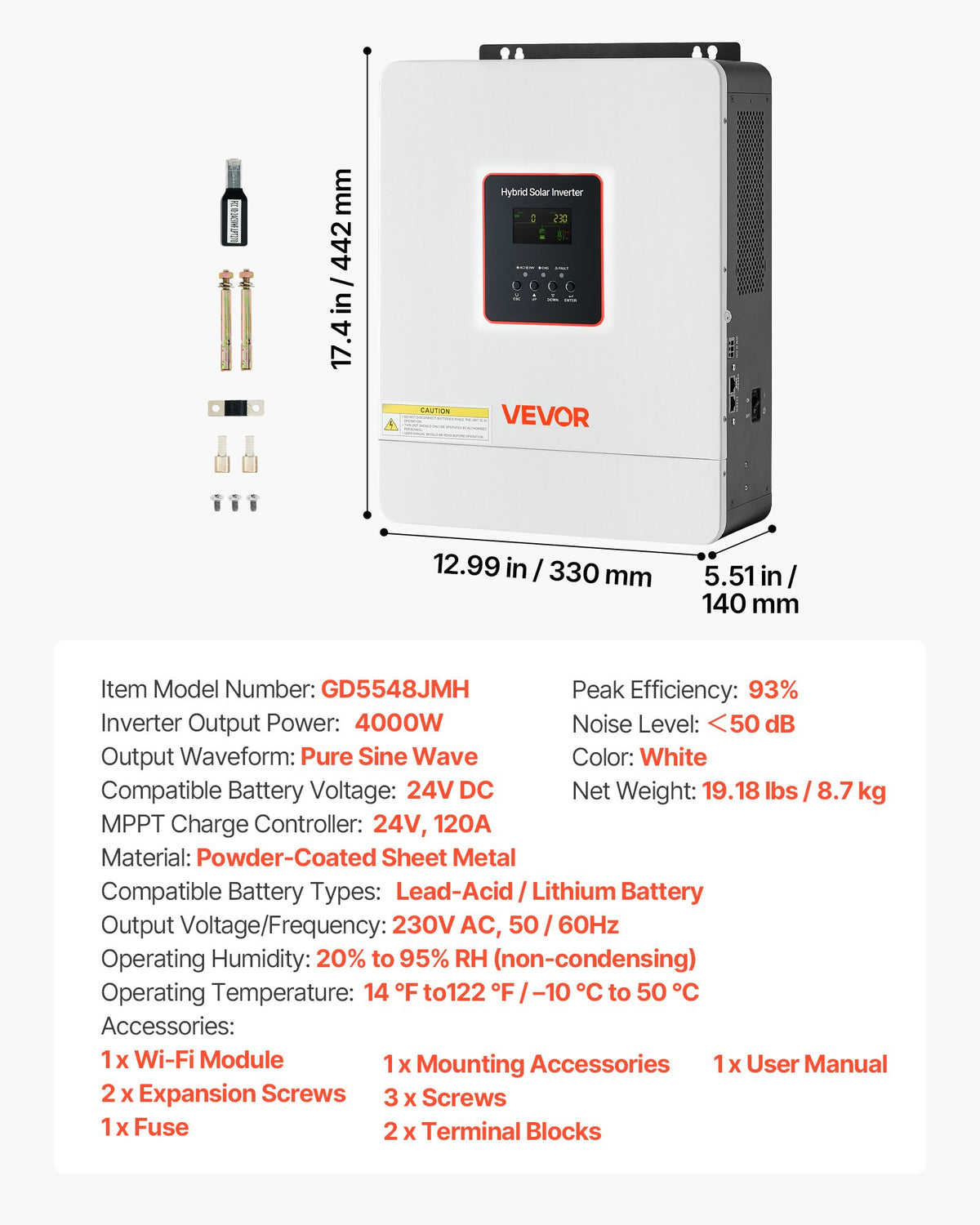4000W Hybrid Solar Inverter, 24V DC to 230V AC, Pure Sine Wave Power Inverter Charger, with Built-in 120A MPPT Solar Controller, WiFi Module, Single-Phase, for Lead Acid Lithium Battery Off-Grid