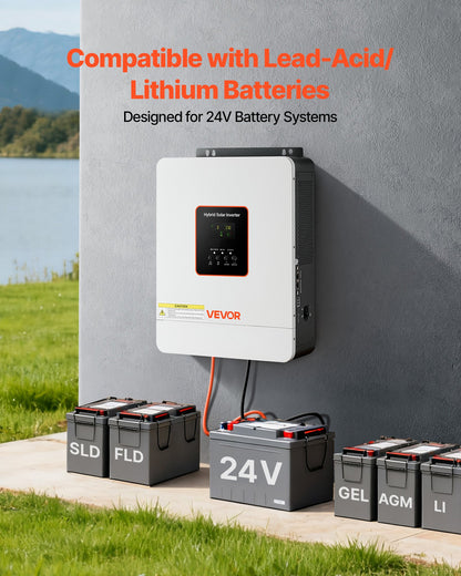 3000W Hybrid Solar Inverter, 24V DC to 230V AC, Pure Sine Wave Power Inverter Charger, Built-in 80A MPPT Solar Controller, Compatible with Lead Acid Lithium Battery, for Home, Camper, Off-Grid