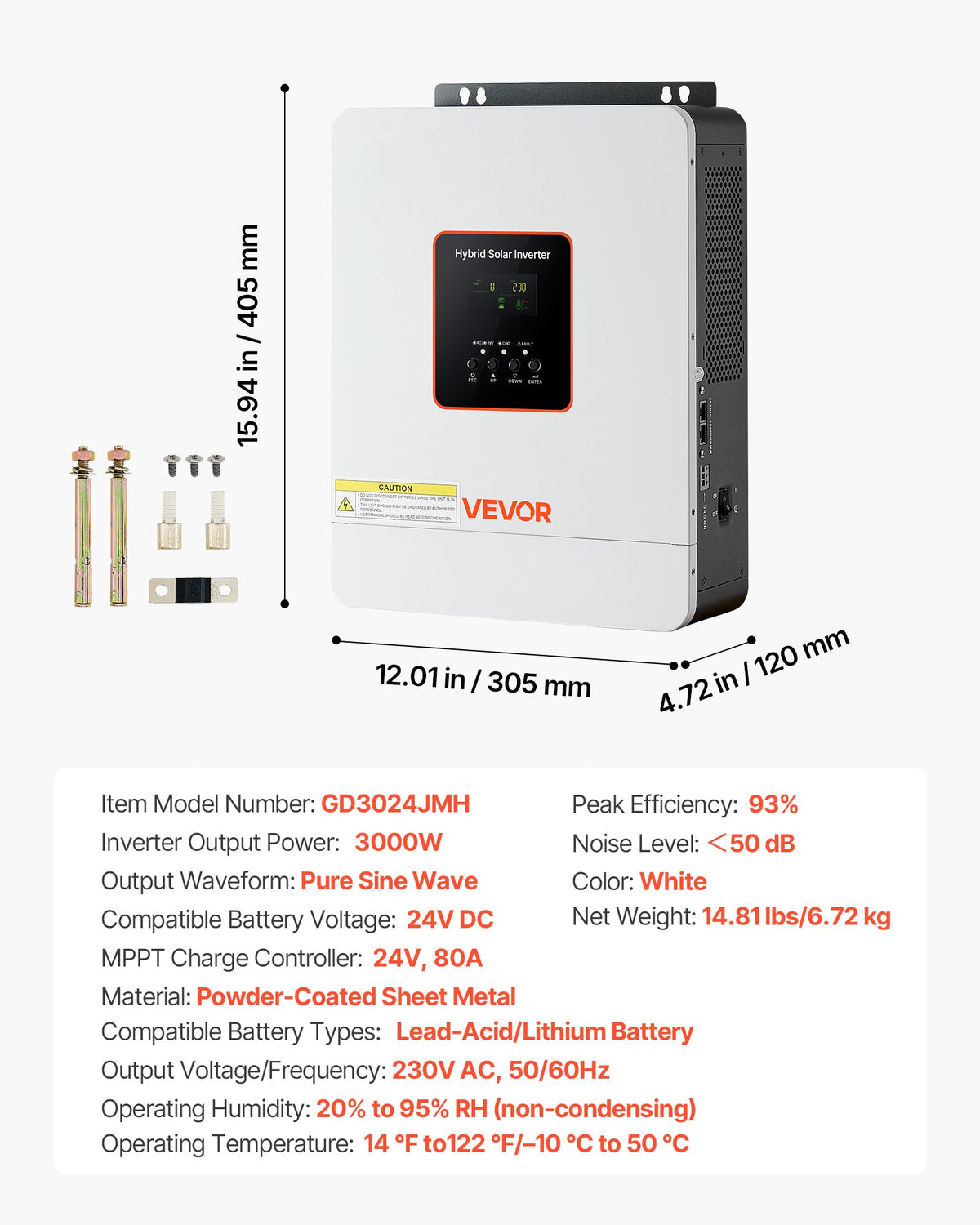 3000W Hybrid Solar Inverter, 24V DC to 230V AC, Pure Sine Wave Power Inverter Charger, Built-in 80A MPPT Solar Controller, Compatible with Lead Acid Lithium Battery, for Home, Camper, Off-Grid