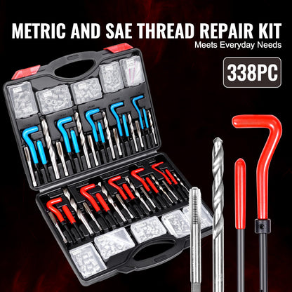Helicoil-gängreparationssats, 338-delars SAE- och metriska gängverktygssats, M5, M6, M8, M10, M12, 1/4", 5/16", 3/8", 7/16", 1/2", HSS-borr, gänginsatser, gängtappar, avbrytningsverktyg