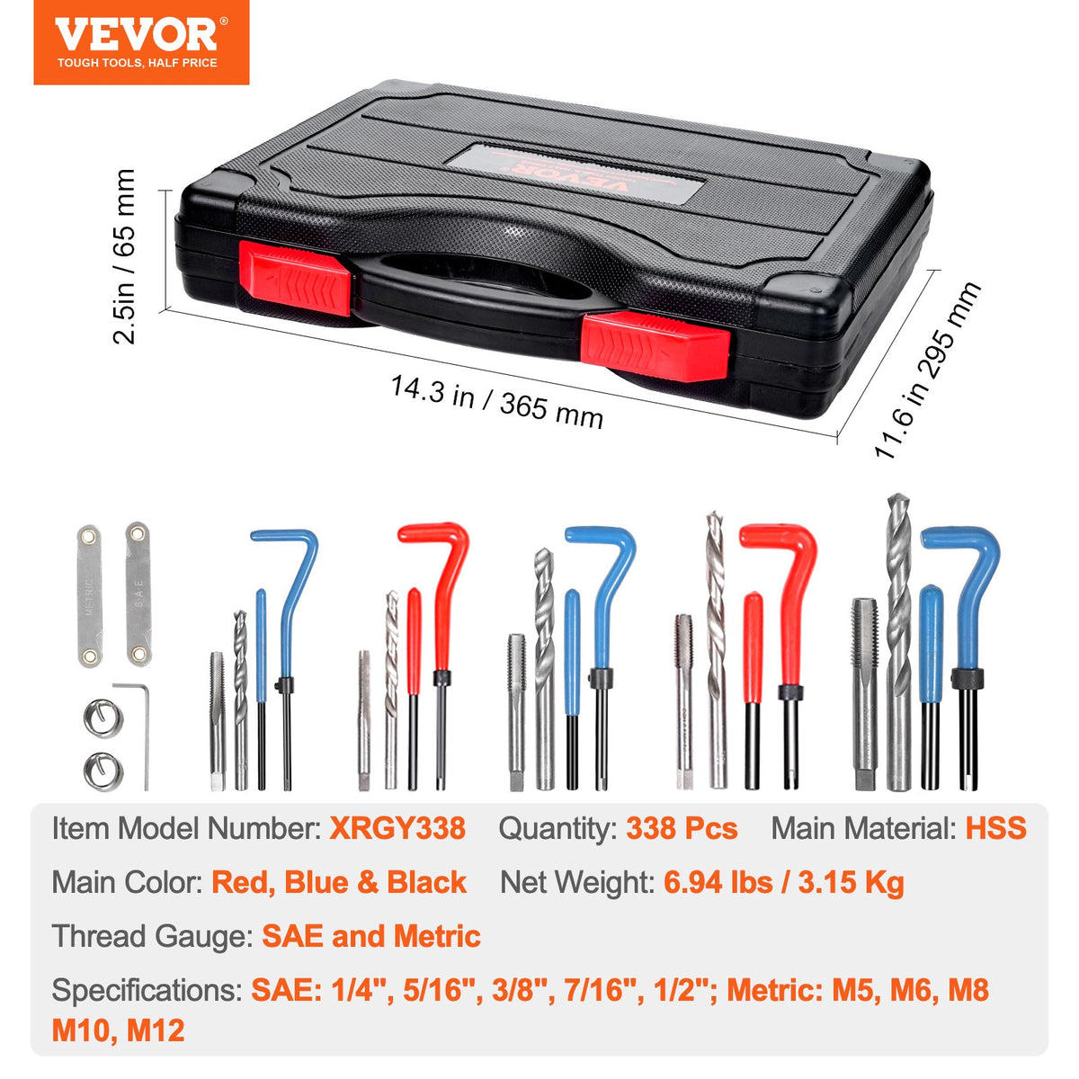 Helicoil-gängreparationssats, 338-delars SAE- och metriska gängverktygssats, M5, M6, M8, M10, M12, 1/4", 5/16", 3/8", 7/16", 1/2", HSS-borr, gänginsatser, gängtappar, avbrytningsverktyg