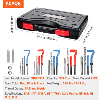 Helicoil-gängreparationssats, 338-delars SAE- och metriska gängverktygssats, M5, M6, M8, M10, M12, 1/4", 5/16", 3/8", 7/16", 1/2", HSS-borr, gänginsatser, gängtappar, avbrytningsverktyg